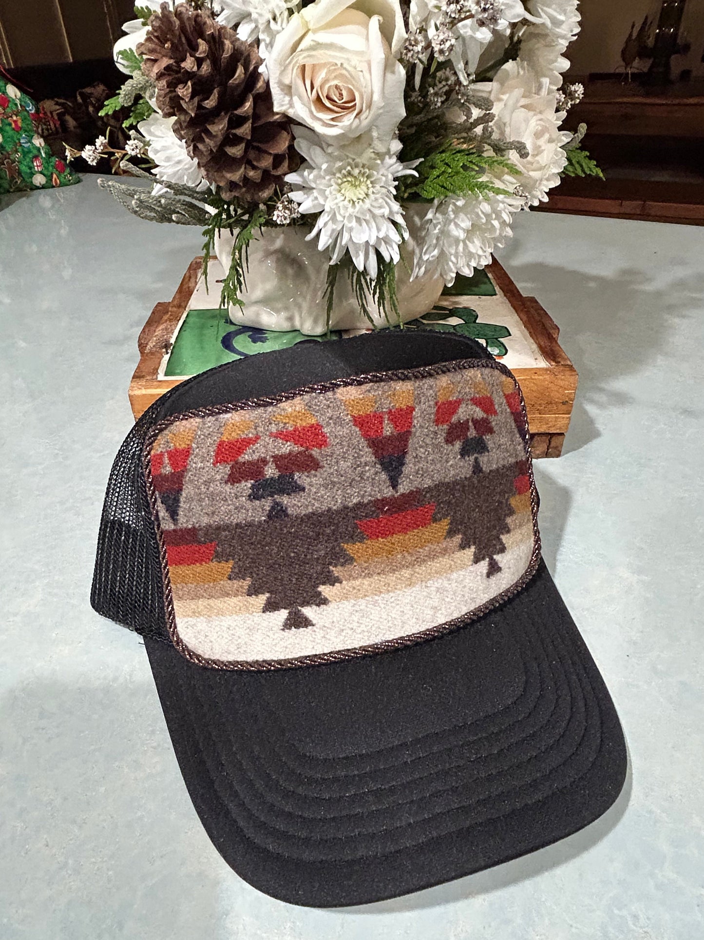 Black Trimmed Trucker Hat with Brown, Cranberry, & Cream