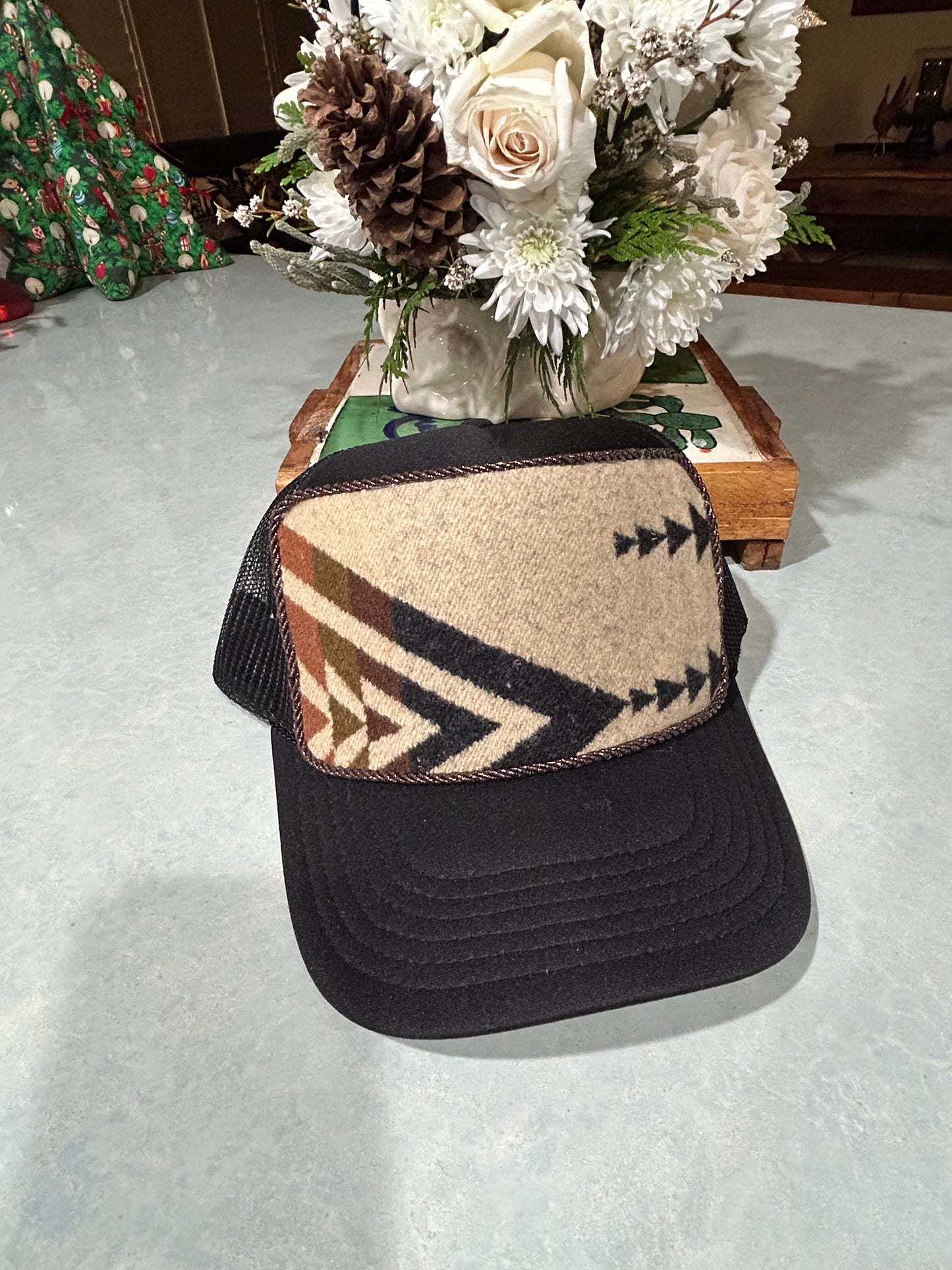 Trimmed Black Trucker Hat with Cream