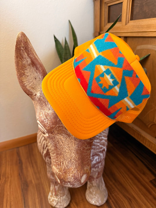 Condensed Turquoise Yellow Trucker Hat